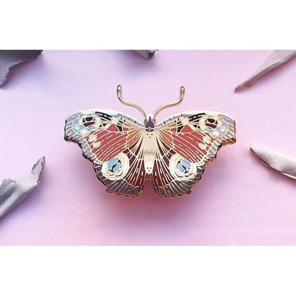 European Peacock Butterfly Enamel Pin - Gold‎ Plated Nature Jewelry & Brooch